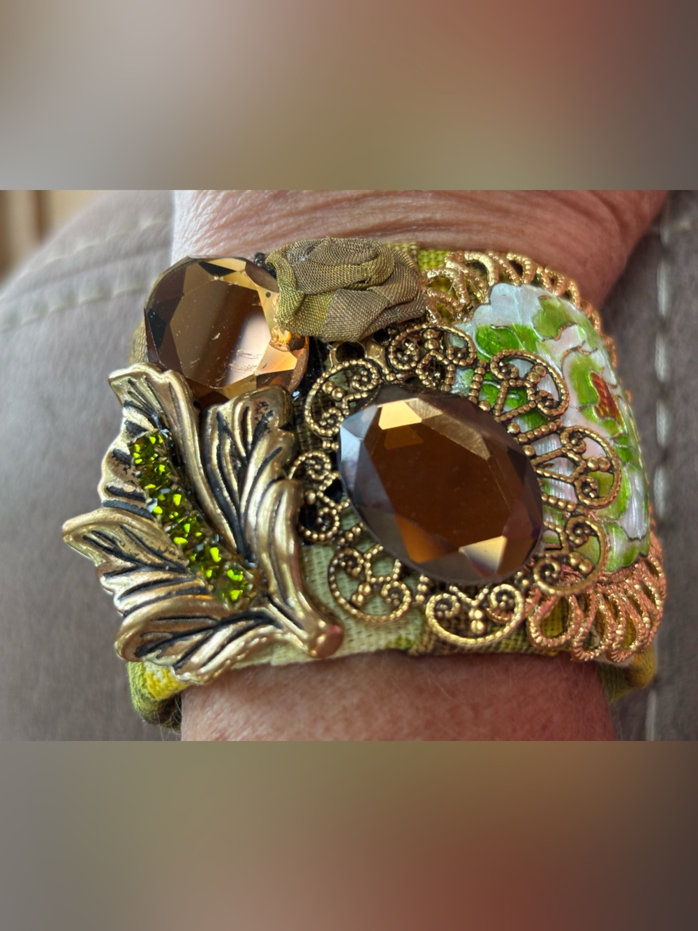 Artisan Cuff Bracelet with Green Leaf and Amber Gemstones with Cloisonné Accent